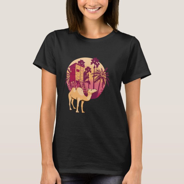 Camel Träd Handflatan Nipa Hut Arabian Camel Anima T Shirt (Framsida)