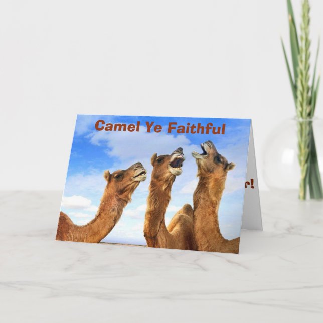 "CAMEL YE FAITHFUL" SJUNGOR CAMELS I CHRISTMAS HELGKORT (Framsida)