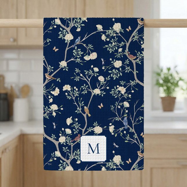Camellia Garden Navy Blue Monogrammerad  Kökshandduk (Camellia Garden Navy Kitchen Towel)