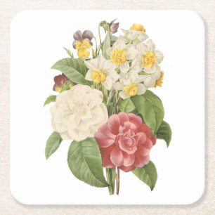 camellia, narcissus, pansy by Redouté Underlägg Papper Kvadrat