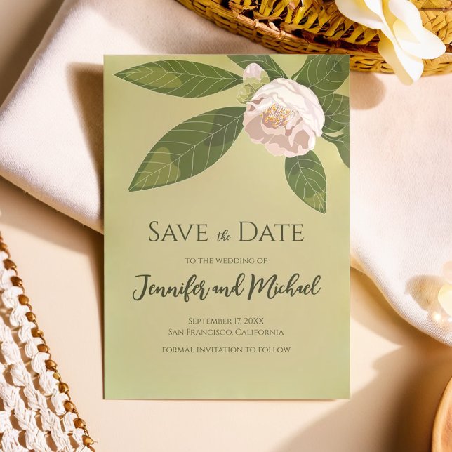 Camellia och Enkel Elegant i Grekland Spara datume Inbjudningar (Camellia and Greenery Simple Elegant Save the Date Invitation)