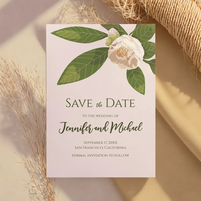 Camellia och Enkel Elegant i Grekland Spara datume Inbjudningar (Camellia and Greenery Simple Elegant Save the Date Invitation)