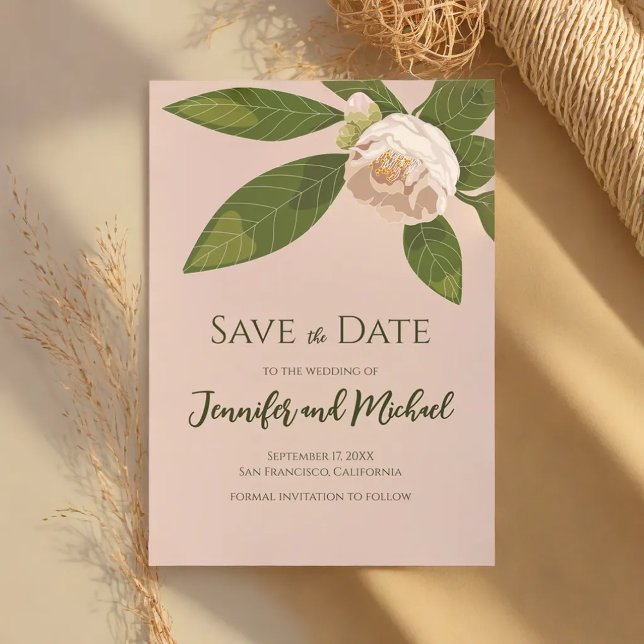 Camellia och Enkel Elegant i Grekland Spara datume Inbjudningar (Camellia and Greenery Simple Elegant Save the Date Invitation)