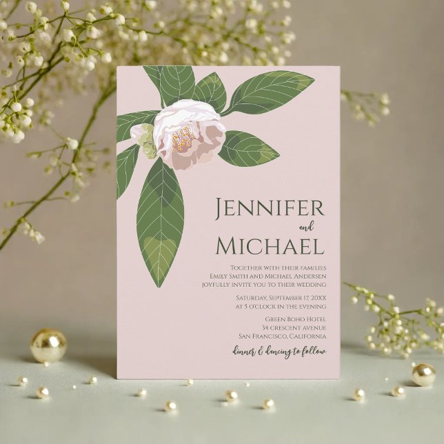 Camellia och Greenery Simple Elegant bröllop Inbjudningar (Camellia and Greenery Simple Elegant Wedding Invitation)