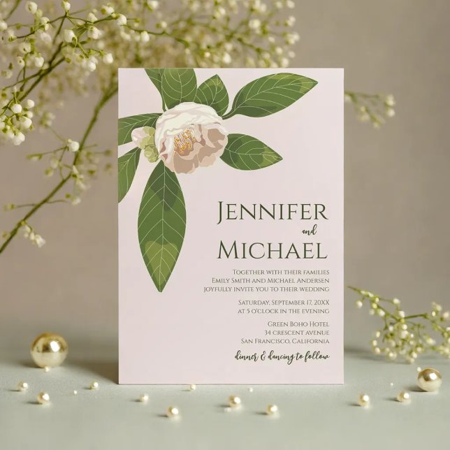 Camellia och Greenery Simple Elegant bröllop Inbjudningar (Camellia and Greenery Simple Elegant Wedding Invitation)