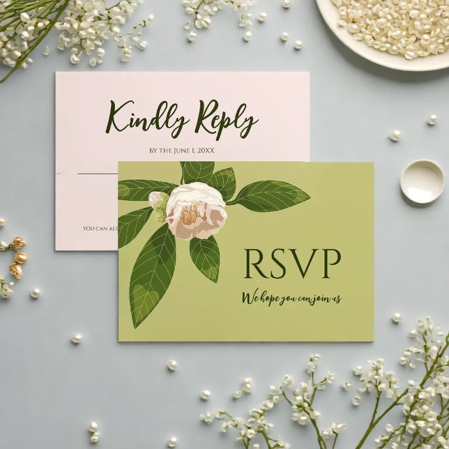 Camellia och Greenery Simple Elegant OSA Kort (Camellia and Greenery Simple Elegant Save the Date RSVP Card)