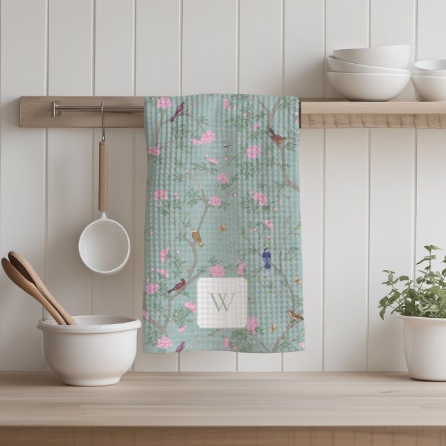 Camellia Trädgård Grön Monogram  Kökshandduk (Camellia Garden. Green Kitchen Towel)