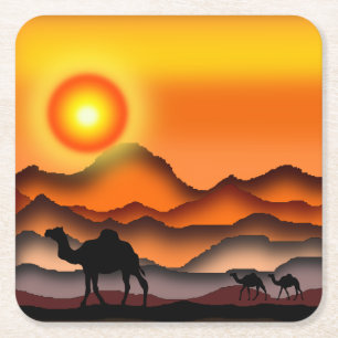 Camels Silhouette i Desert Sunset - Målning Underlägg Papper Kvadrat