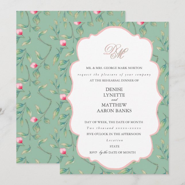 Cameo Grönt och Gossamer Rosa Rehearsal Dinner Inbjudningar (Fram/baksida)