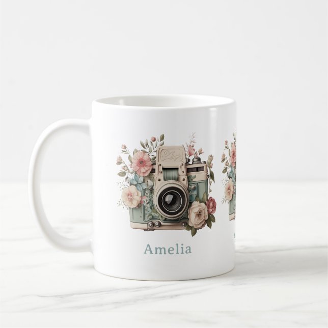 Camera with Flowers Retro Pastel Image Kaffemugg (Vänster)