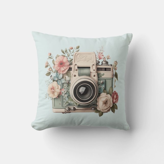 Camera with Flowers Retro Pastel Image Kudde (Framsida)