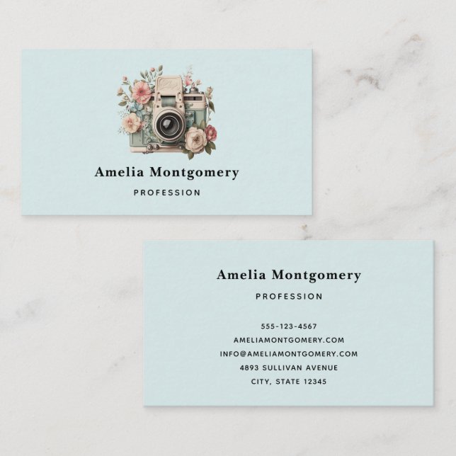 Camera with Flowers Retro Pastel Image Visitkort (Fram/baksida)