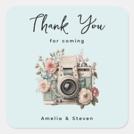 Camera with Flowers Retro Pastel Wedding Thank You Fyrkantigt Klistermärke