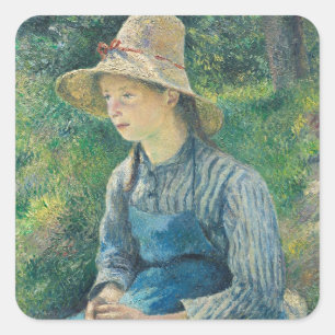 Camille Pissarro Peasant Girl med Straw Hat. Fyrkantigt Klistermärke