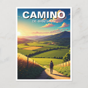 Camino de Santiago Hiker Hiking Sunset Vykort