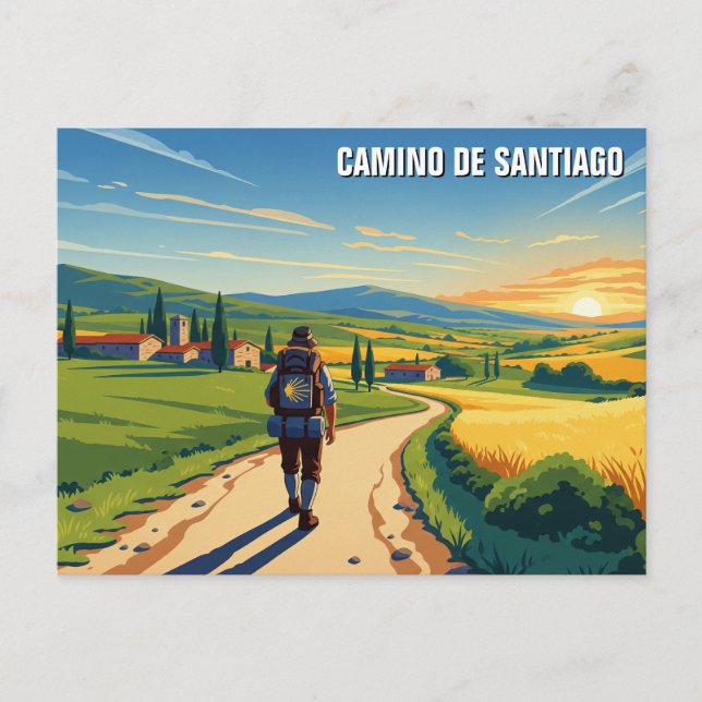 Camino de Santiago Hiker Sunset Helg Vykort (Framsida)