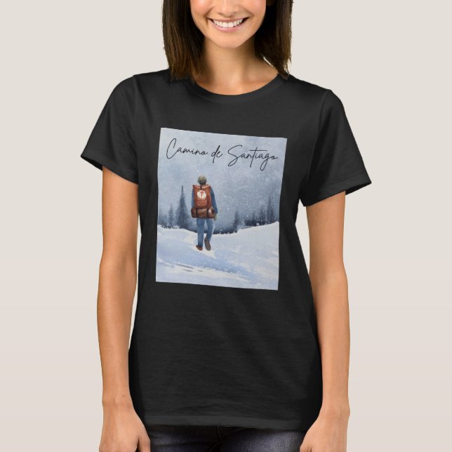 Camino de Santiago Winter Snow Pilgrim Scallop She T Shirt (Framsida)