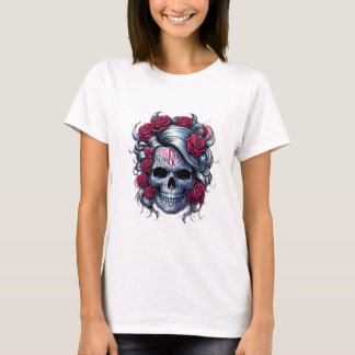 Camiseta blanca de calavera con flores rojas t shirt