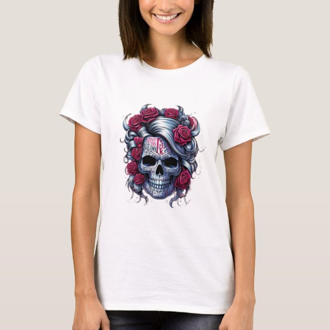 Camiseta blanca de calavera con flores rojas t shirt (Framsida)