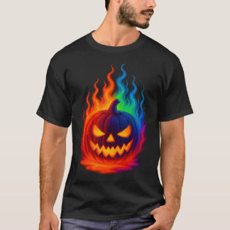 Camiseta Calabaza de Halloween en Llamas Arcoíris T Shirt