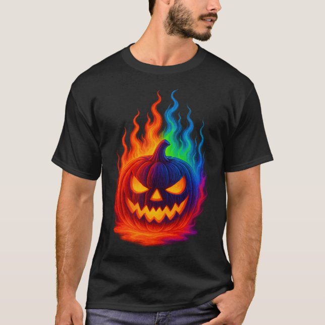 Camiseta Calabaza de Halloween en Llamas Arcoíris T Shirt (Framsida)
