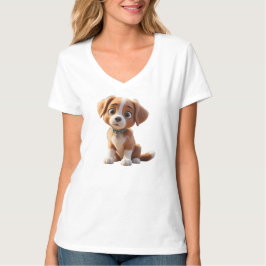 Camiseta Feminina Básica Cão Gola em V 3D T Shirt