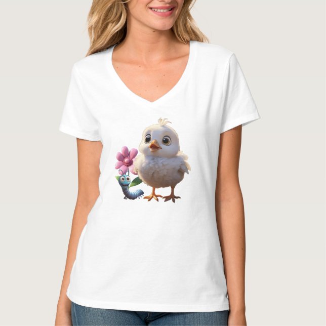 Camiseta Feminina Básica Pintinho Gola em V 3D T Shirt (Framsida)