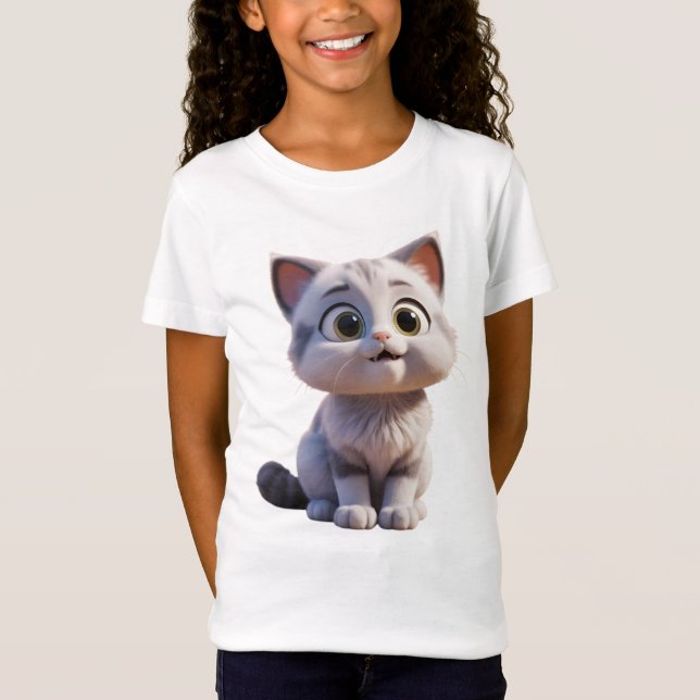Camiseta Infantil Feminina Gato em Jersey Fina 3D T Shirt (Framsida)