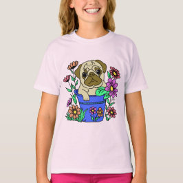 Camiseta Pug Fofo em Vaso de Flores Desenho T Shirt