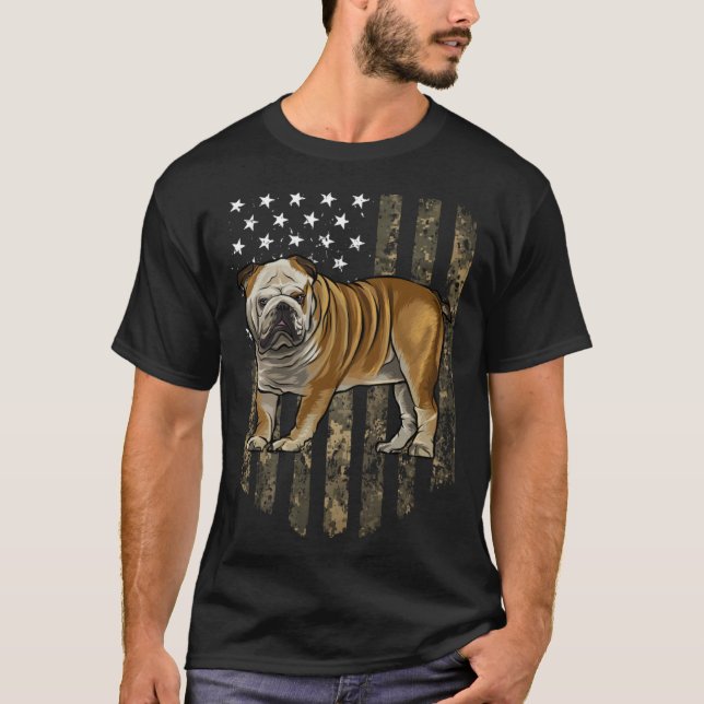 Camo American Flag Bulldog 4th Of July USA T Shirt (Framsida)