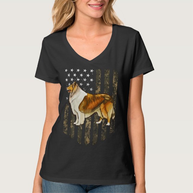 Camo American Flag Collie 4th Of July USA T Shirt (Framsida)