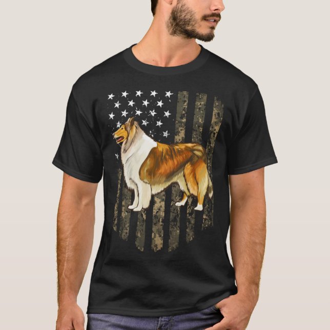 Camo American Flag Collie 4th Of July USA T Shirt (Framsida)