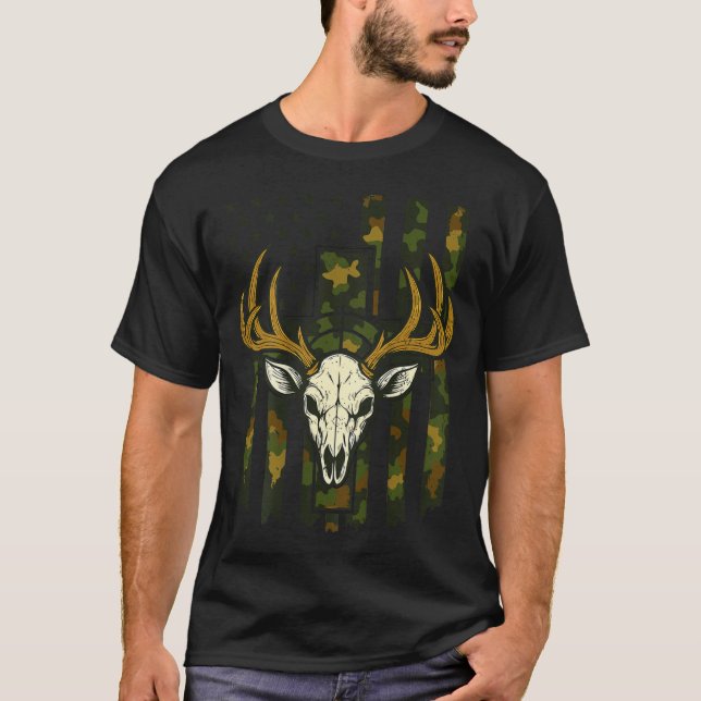 Camo American Flag Elk Skull Deer Hunting Youth Bo T Shirt (Framsida)