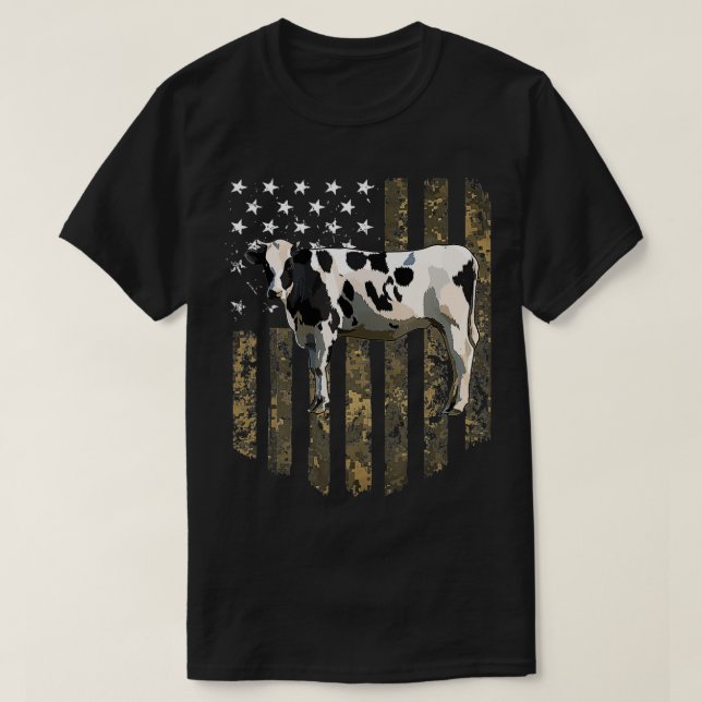 Camo American Flagga Black White Cow 4:e juli lång T Shirt (Design framsida)