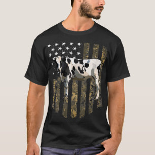 Camo American Flagga Black White Cow 4:e juli lång T Shirt