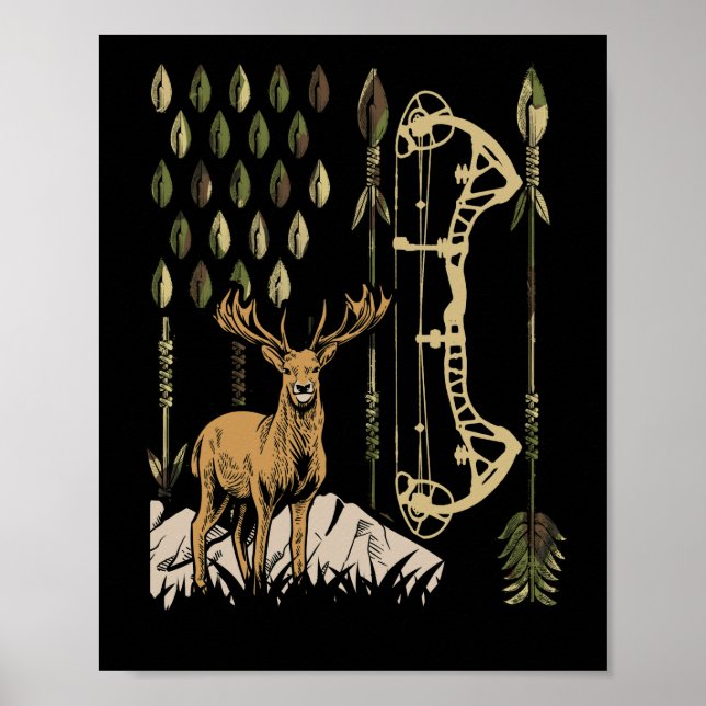 Camo American Flagga Bowhunting Bow Archery Hjort Poster (Framsidan)