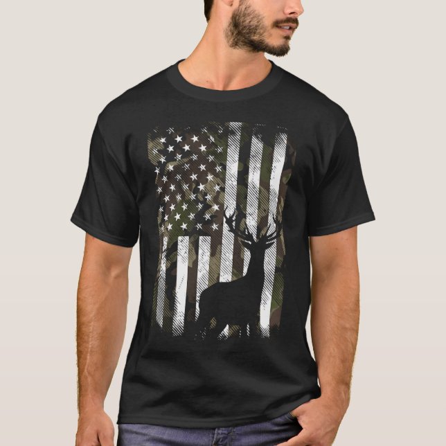 Camo American Flagga Elk Buck Hunting Usa Hunte T Shirt (Framsida)