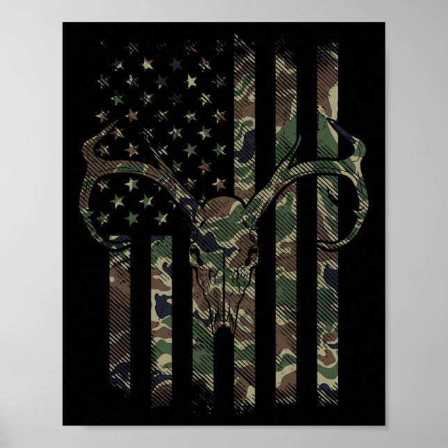 Camo American Flagga Hjort Skull Elk Hunting Usa H Poster (Framsidan)