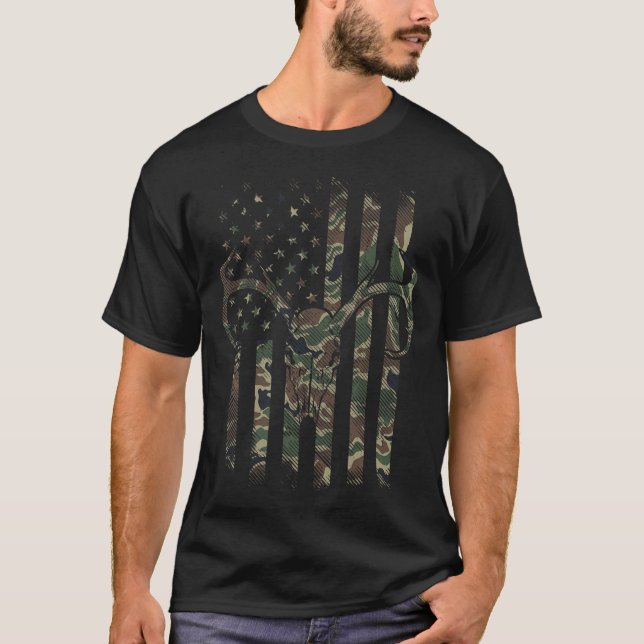 Camo American Flagga Hjort Skull Elk Hunting Usa H T Shirt (Framsida)