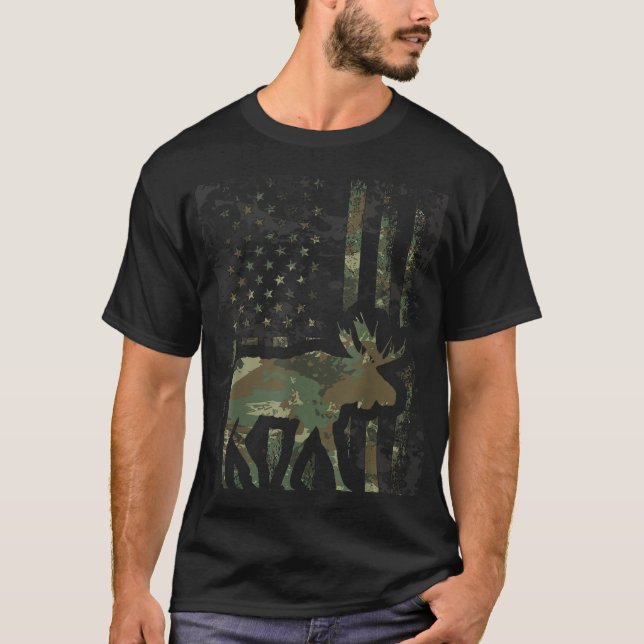 Camo American Flagga Moose Hunting T Shirt (Framsida)