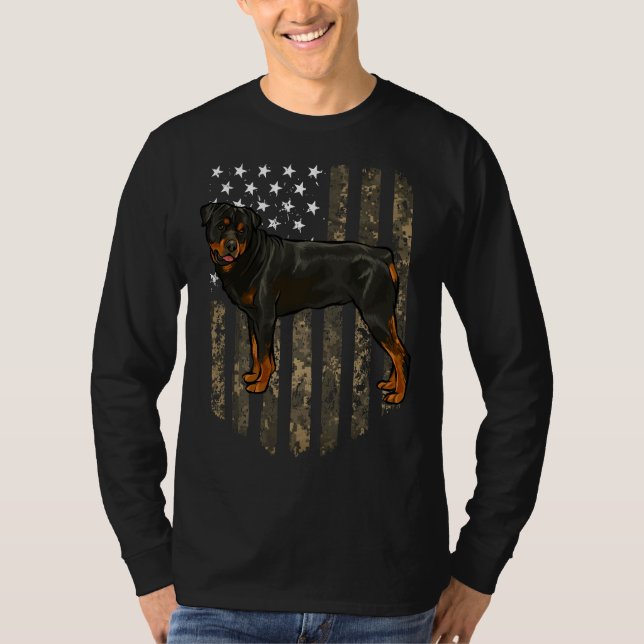 Camo American Flagga Rottweiler 4:e juli USA T Shirt (Framsida)
