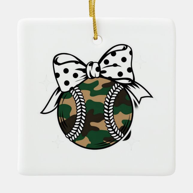 Camo Baseball med Polka Dot Bow Julgransprydnad Keramik (Framsida)