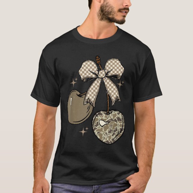 Camo Checkered Cherry Bow, Hunting,checkered Patte T Shirt (Framsida)