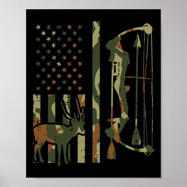 Camo Flagga Hjort Bow Hunting Patriotic Hunter Pap Poster (Framsidan)