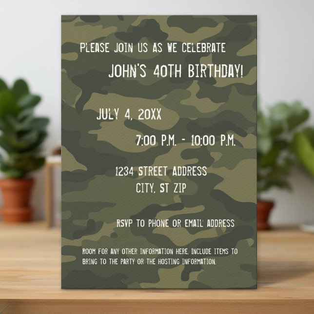 Camo Födelsedagsfest inbjudan (Custom Party Invitation with Download Option)