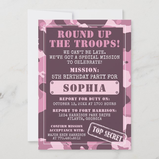 Camo Födelsedagsfest inbjudan, armén, Uppdrag Inbjudningar (Framsida)