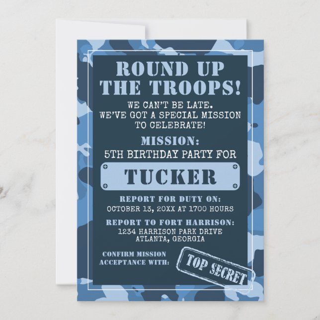 Camo Födelsedagsfest inbjudan, armén, Uppdrag Inbjudningar (Framsida)
