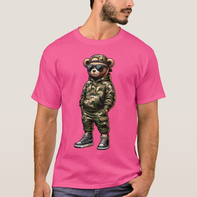 Camo Hip hop Nalle Coola Rapper Streetwear Gra T Shirt (Framsida)