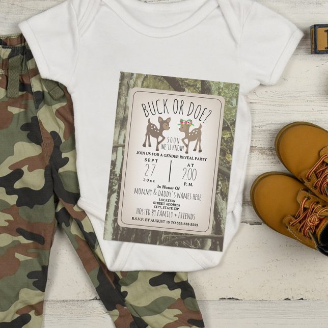 Camo Hjort Buck eller Doe Baby Gender Reveal Party Inbjudningar (Skapare uppladdad)