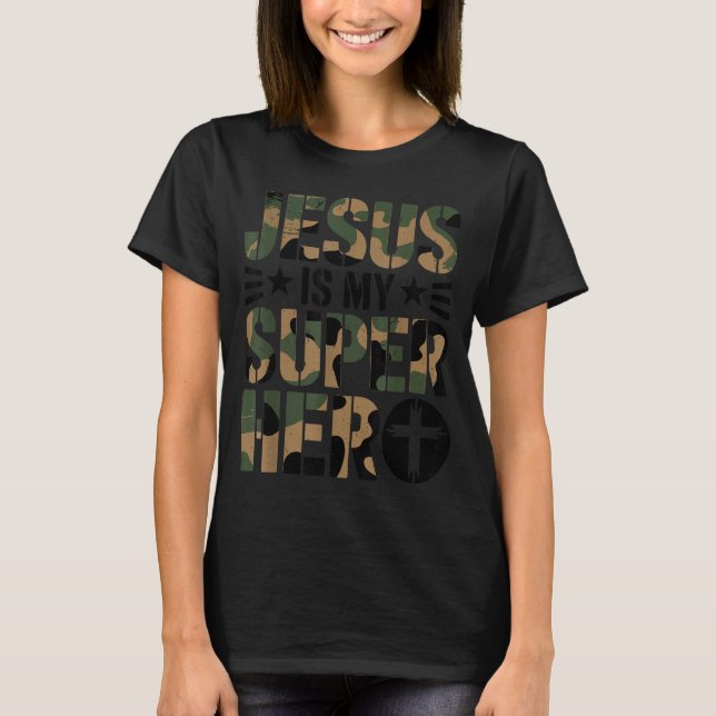 Camo Jesus Is My Superhero Toddler Boys Camouflage T Shirt (Framsida)